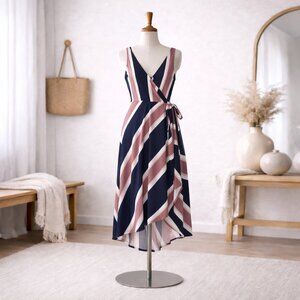 Express Striped Wrap Midi Dress Small Navy Pink White Sleeveless